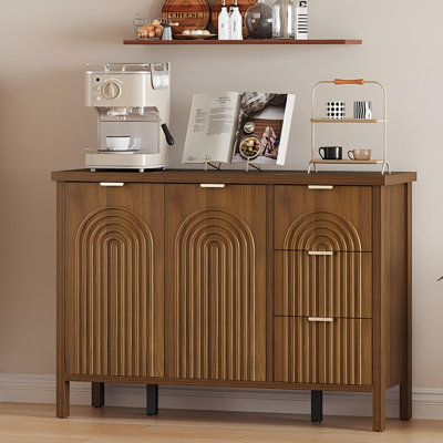 Buffet Cabinet with 3 Drawers and 2 Doors, Wood Kitchen Sideboard Credenza with Adjustable Shelf, Walnut Brown