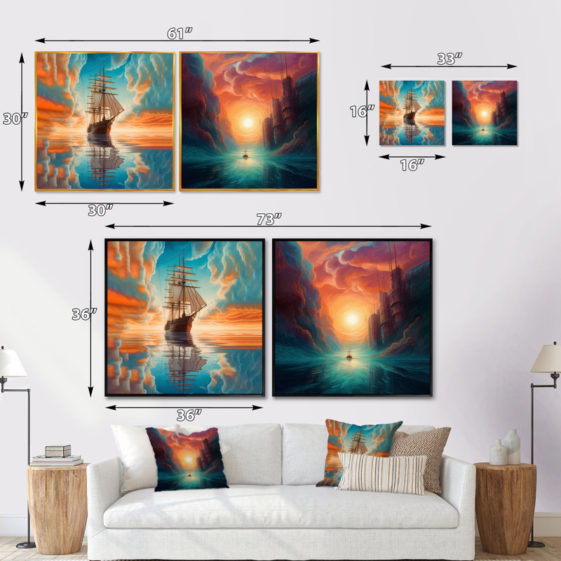 Ship On High Seas - Ensemble de 2 collages nautiques et carrés de plage, Toile tendue, H 36 po x l 73 po