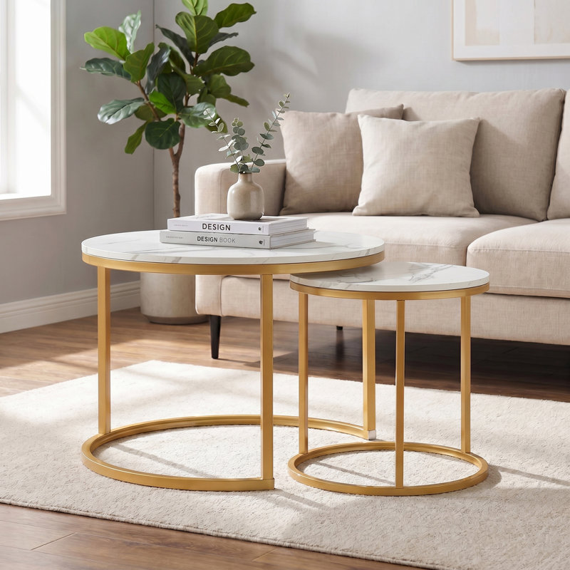 Hadee Round Nesting Coffee Table, White, Gold