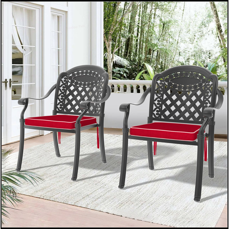 Cast Aluminum Patio Dining Chair 2PCS With Elegant Frame And Comfortable Red Cushions For Outdoor Use