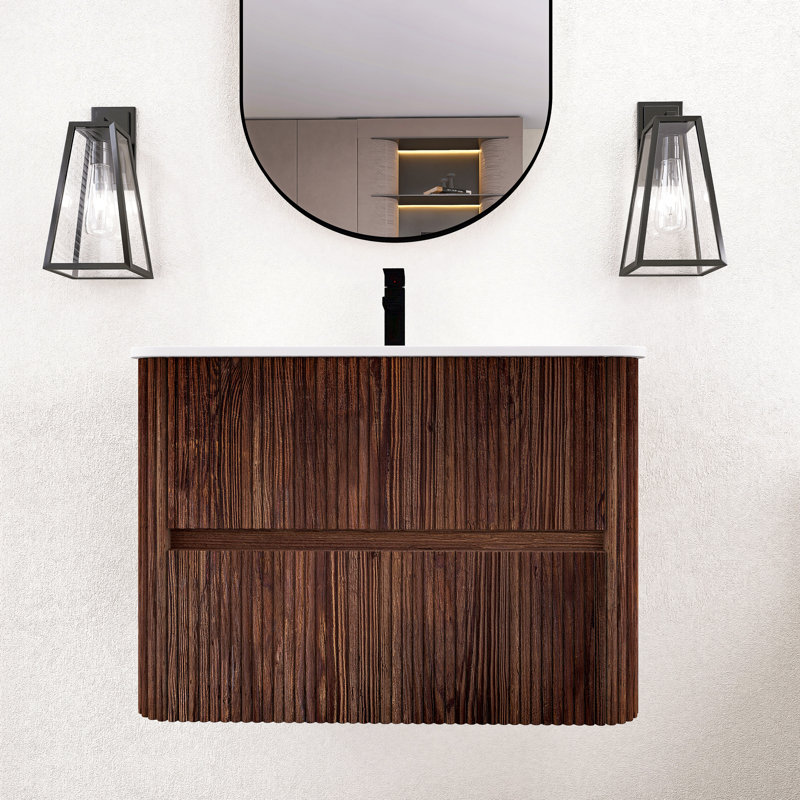 Meuble-lavabo flottant 30 po avec tiroirs, meuble rétro à grain de bois noyer avec bassin en pierre frittée intégrée, 30"