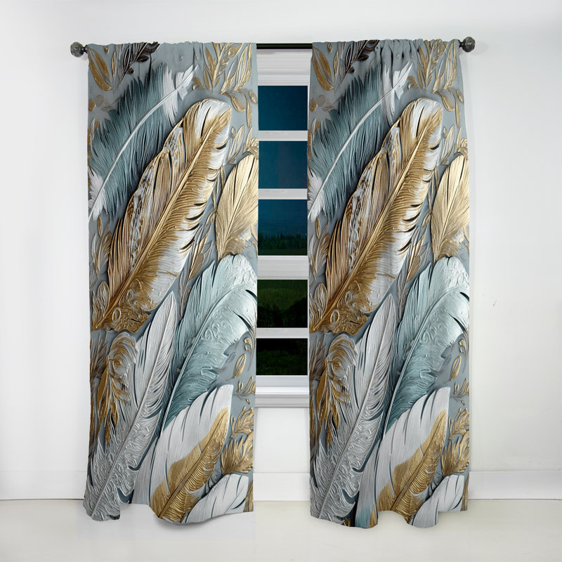 Gold Gilded Feathers V - Modern Curtain - Velvet Room Darkening - 1 panel, 52" W x 63" L