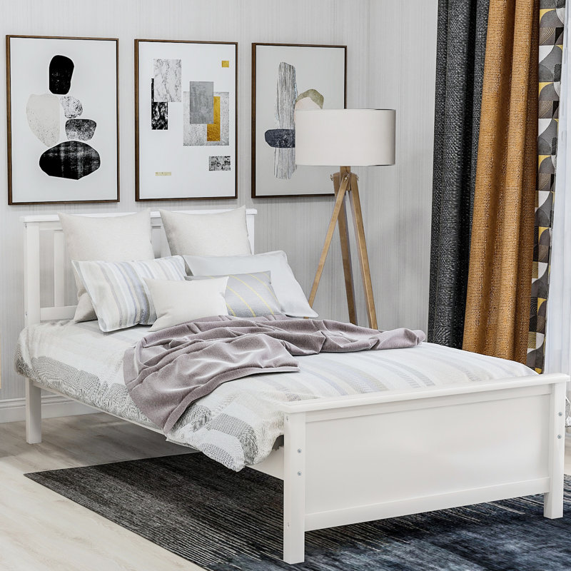 Lit plateforme simple en bois massif avec tête de lit, élégance blanche et base à lattes
