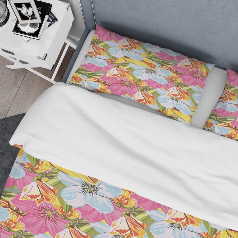 Pink And Blue Floral Polyester Floral Duvet Cover, King Duvet Cover + 2 King Shams