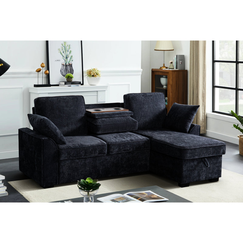 3 - Seat Dark Blue Chenille Sectional With Built In Cup Holder, Removable Tray And Hidden Storage, Suitable For Small Spaces Storage Chaise, Adjustable Backrests Comfort