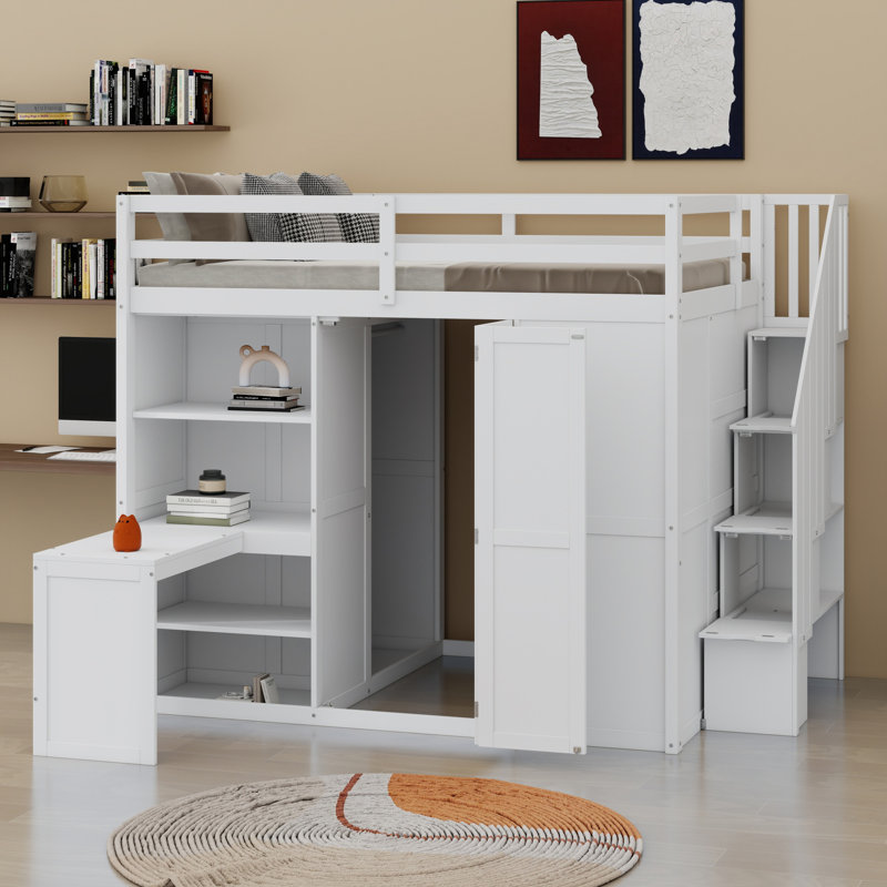 Space-Saving Loft Bed Featuring Wardrobe, Study Desk and Display Shelves, White