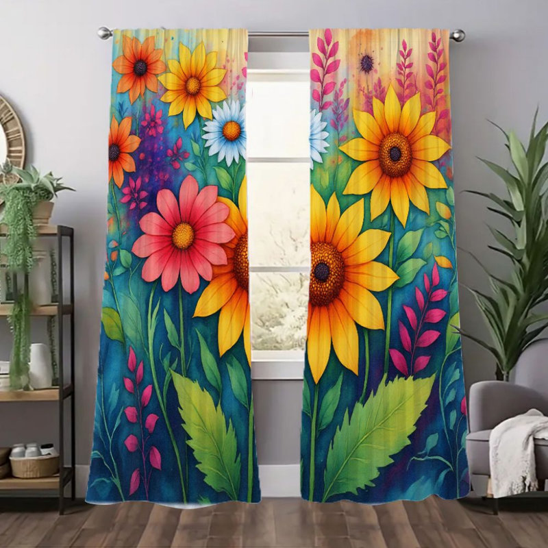 2Pcs rideaux à imprimé floral, rideau de décoration de ferme moderne à motif de fleurs colorées pour le salon chambre à coucher
