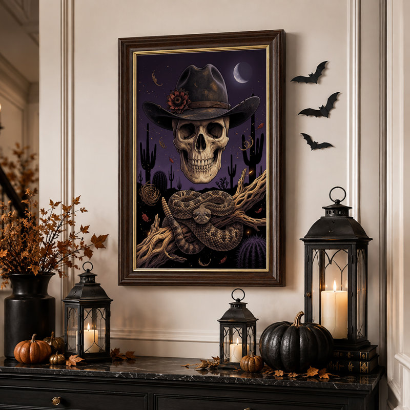 «Cowboy Hat Skull Rattlesnake Desert Night», art sur toile, H 18 po x l 12 po