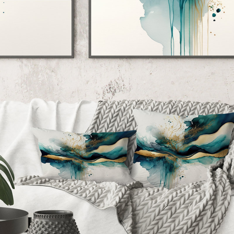 Teal and Gold Abstract Expression III - Oreiller imprimé abstrait à encre liquide, H 16 po x l 16 po