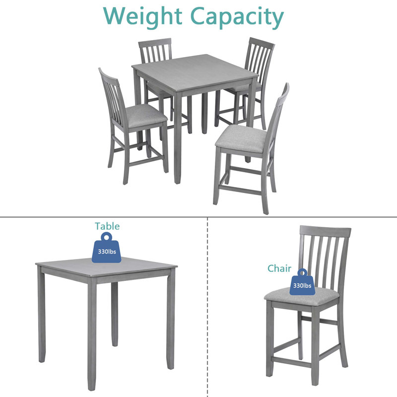 5 Piece Dining Table Set, Wooden Dining Square Table Set for 4, Counter Height Kitchen Table Set with Square Table and 4 Upholstered Chairs for Small Space, Grey