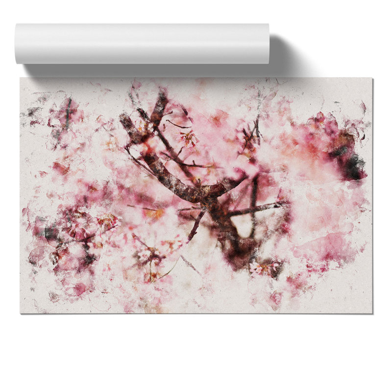 Pink Cherry Blossom Flowers Watercolour - Frameless Print, 42cm H x 59cm W x 0.1cm D