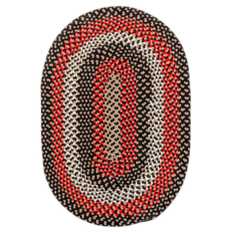 Farmhouse Braided Cotton Black / Red Area Rug, Oval 3' x 5'
