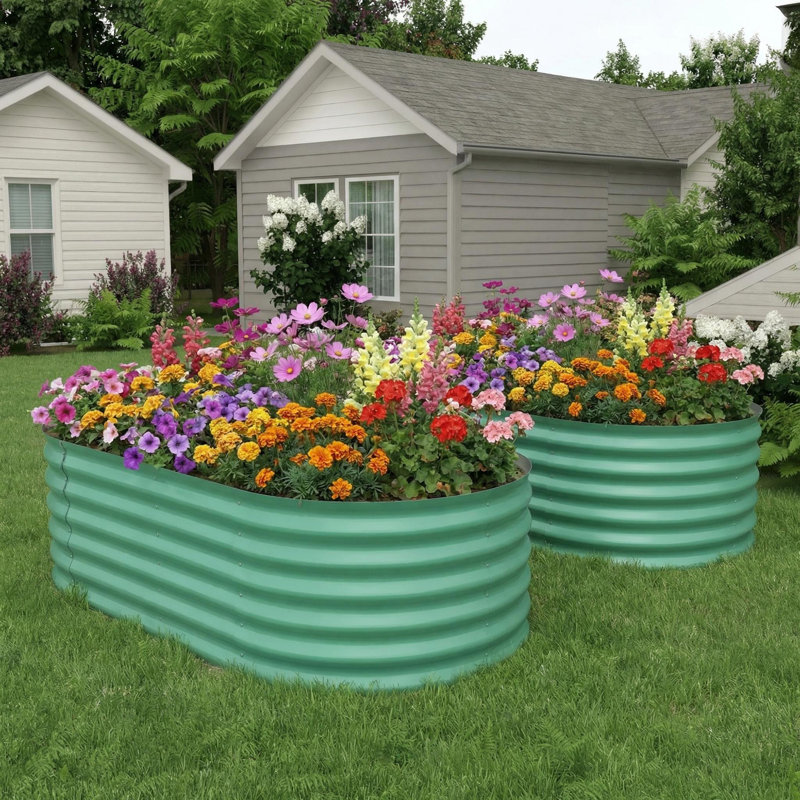 2Pack 8'*4'*1.5' Oval Metal Raised Garden Bed – Heavy-Duty Galvanized Steel Outdoor Planter Box for Vegetables, Flowers & Herbs, Weather-Resistant, Green