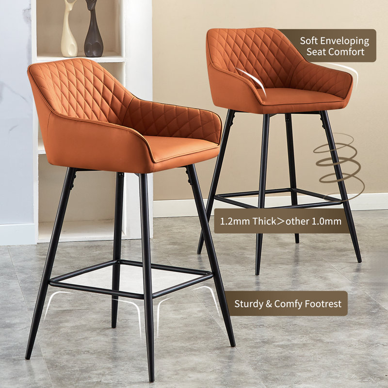 Upholstered Counter Stool with Metal Frame, Orange Faux Leather