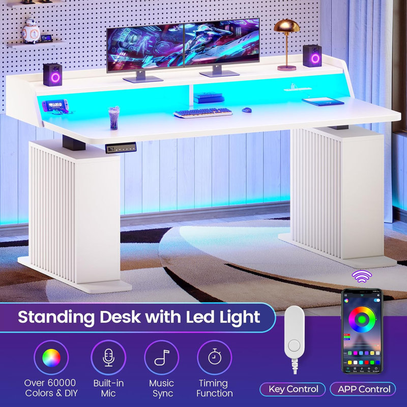 Bureau debout avec rangement pour ordinateur 55 "avec prises de courant et lumières DEL, Blanc
