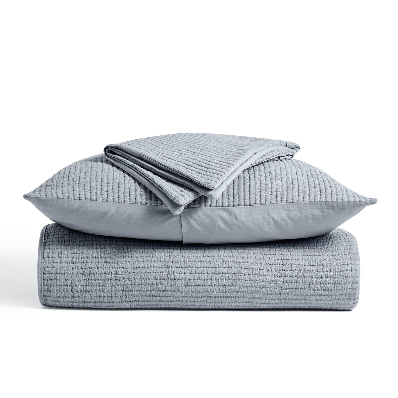 Ribbed Matelassé Cotton Coverlet Set, Queen Quilt + 2 Queen Shams, Blue Linen