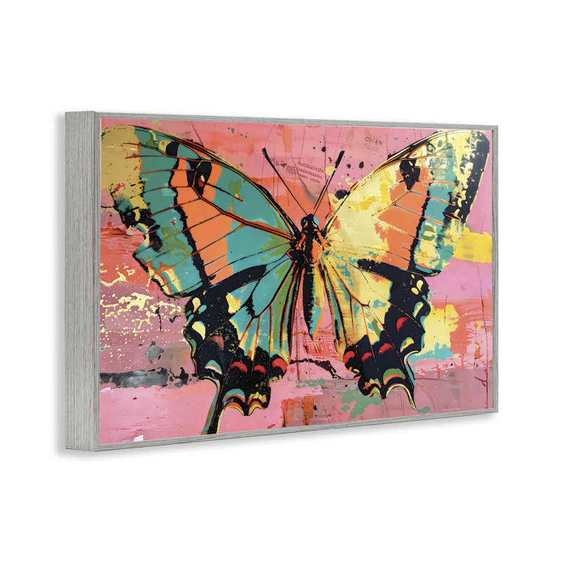 Giclée encadrée de papillons rétro sur fond rose abstrait, design par LSR Design Studio, H 16 po x l 24 po