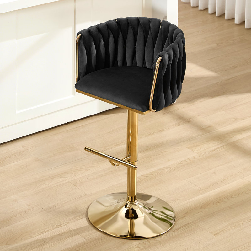 360° Velvet Swivel Bar Stools Set of 4, Modern Adjustable Counter Height Bar Stool with Woven Backrest & Footrest Stylish Stools For Kitchen Counter Breakfast Bar