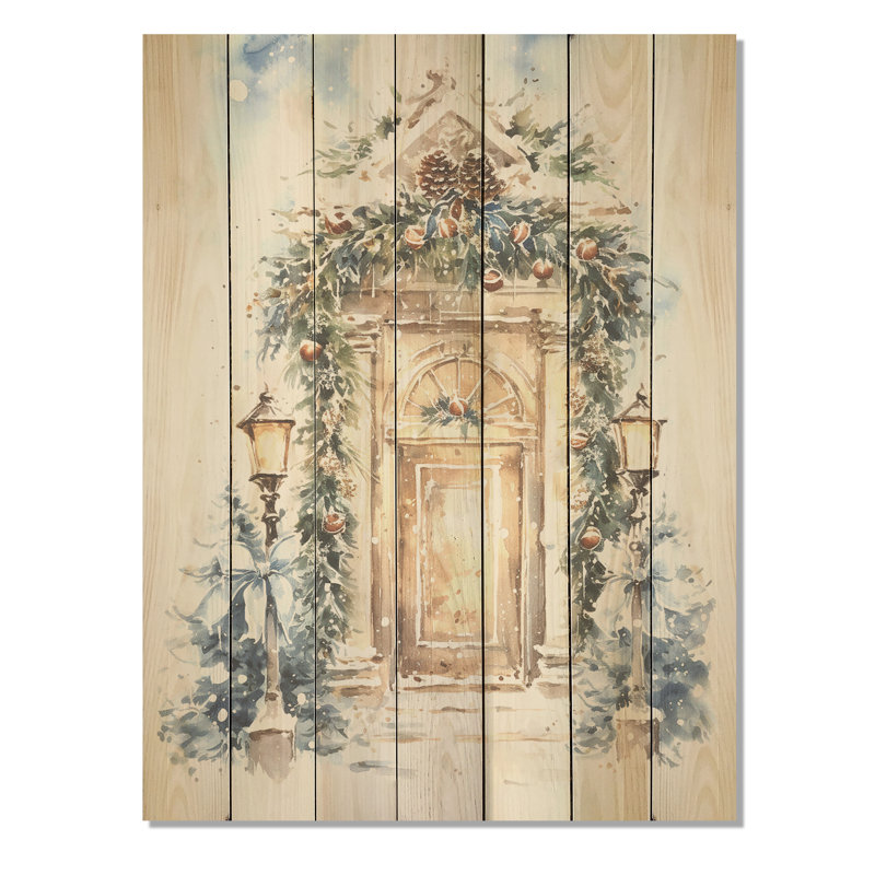 Porte de ferme florale de Noël en hiver III - Porte de ferme sur impression sur bois, H 20 po x l 10 po