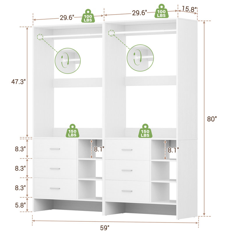 5ft Closet System with Wooden Drawers and Hanging Rods, White