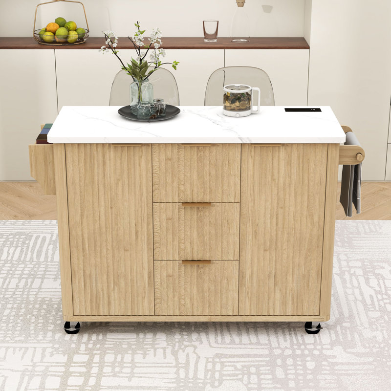 Kitchen Island with Drop Leaf, Power Outlet, Adjustable Shelves, 3 Drawers and Ample Storage, Natural