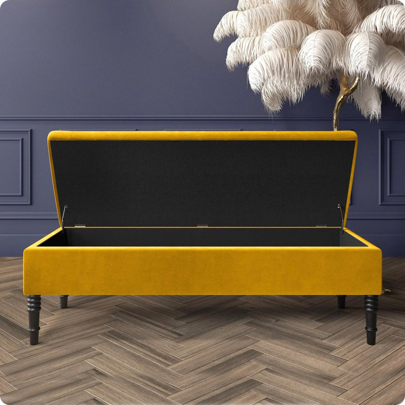 Safar Plain Upholstered Plush Velvet Ottoman Storage Bench with Black Turned Wooden Legs, Mustard Gold