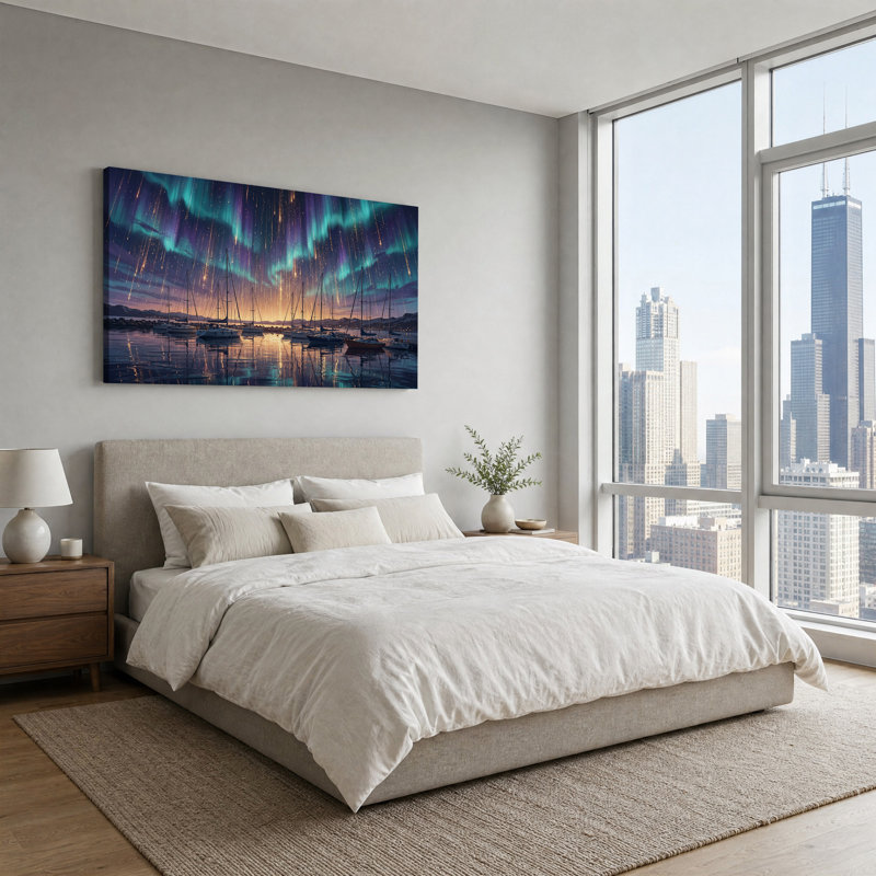 Voiliers dans le port sous les aurores boréales - Tableau sur toile, 32“W x 16”H