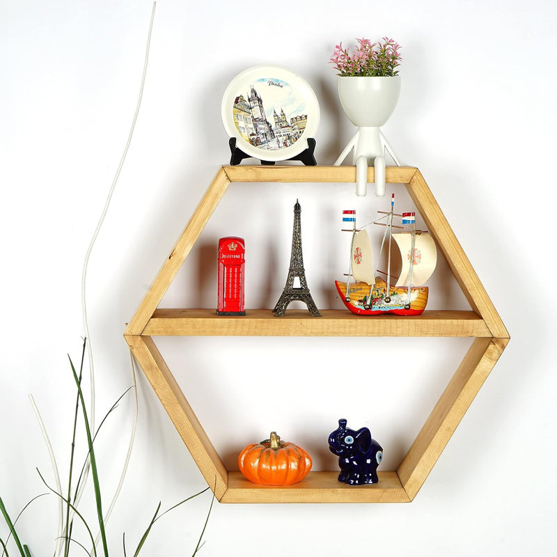 Light Oak Hexagon Wall Shelf – Handmade Farmhouse Wall Mounted Organizer, Oak Wood