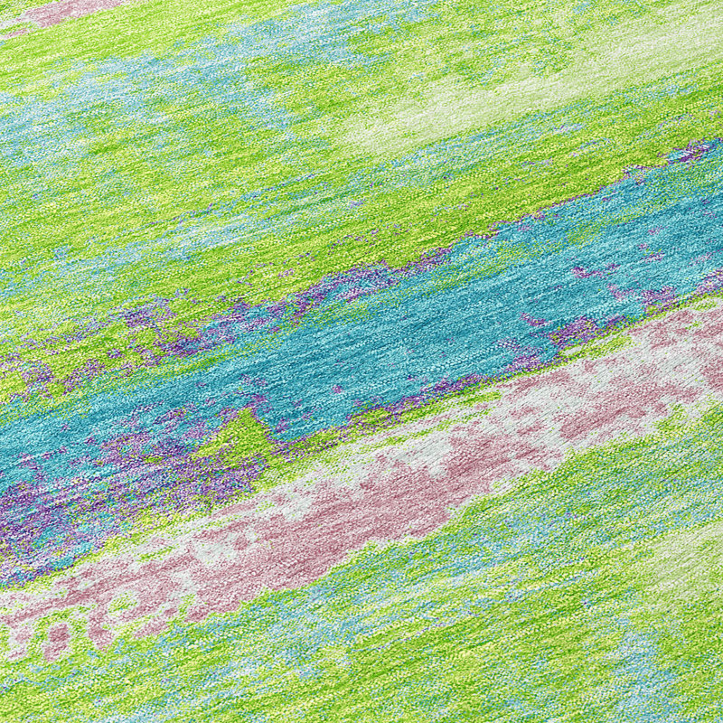 Tapis extérieur rond lavable abstrait 8 pi vert lime et bleu ciel