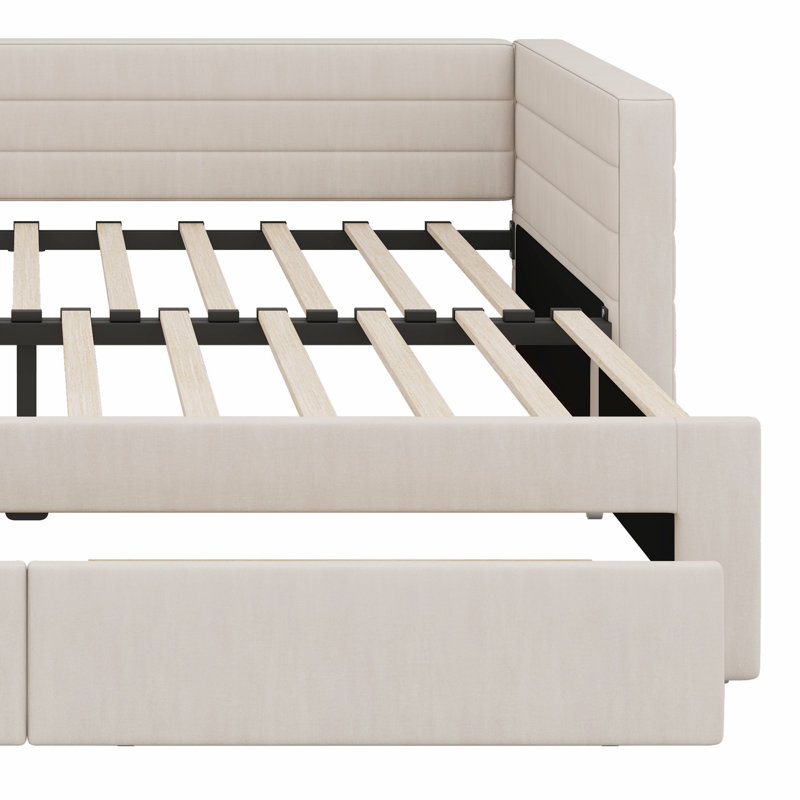 Structure de lit de jour rembourré avec lit gigogne et tiroirs de rangement, Beige