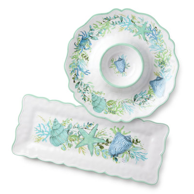 Sea Glass Melamine 2‑Piece Appetizer Set, coastal chip‑and‑dip tray 14.5 inches and rectangular platter 19 x 8 with ocean greenery motifs, ideal for snacks, parties, summer dining