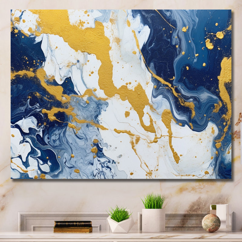 Bleu et or, art abstrait fluide de luxe, art mural fractal pour salon, H 34 po x l 44 po x P 1,5 po, Toile tendue