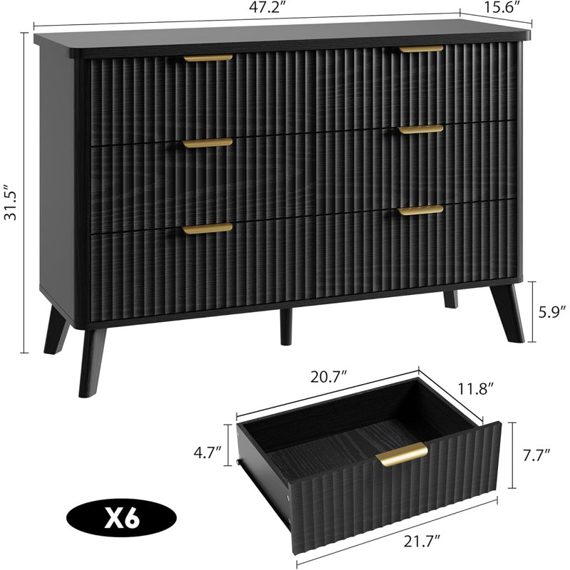 Commode 6 tiroirs 47,2 po, Noir