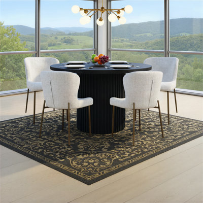 Five Piece Round Mid Century Modern Dining Set With Performance Upholstered Dining Chairs- Black