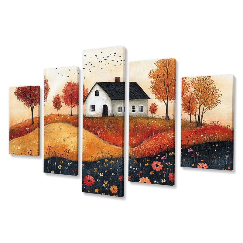 Paysage de ferme orange et noir fabriqué à la main à la maison - ensemble d'art sur toile