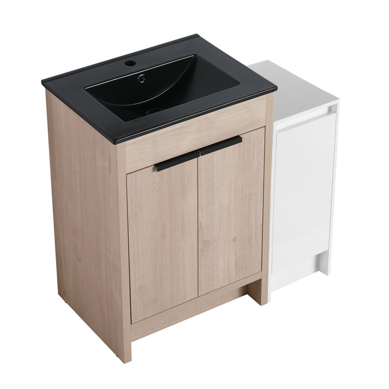 De meuble-lavabo autoportant en céramique noire avec armoire de rangement à fermeture en douceur