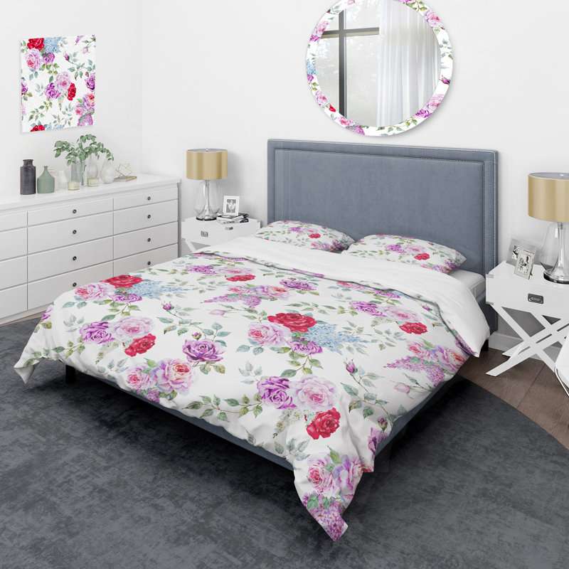 Fleurs mauves et roses - Ensemble de housse de couette floral - Polyester microfibre