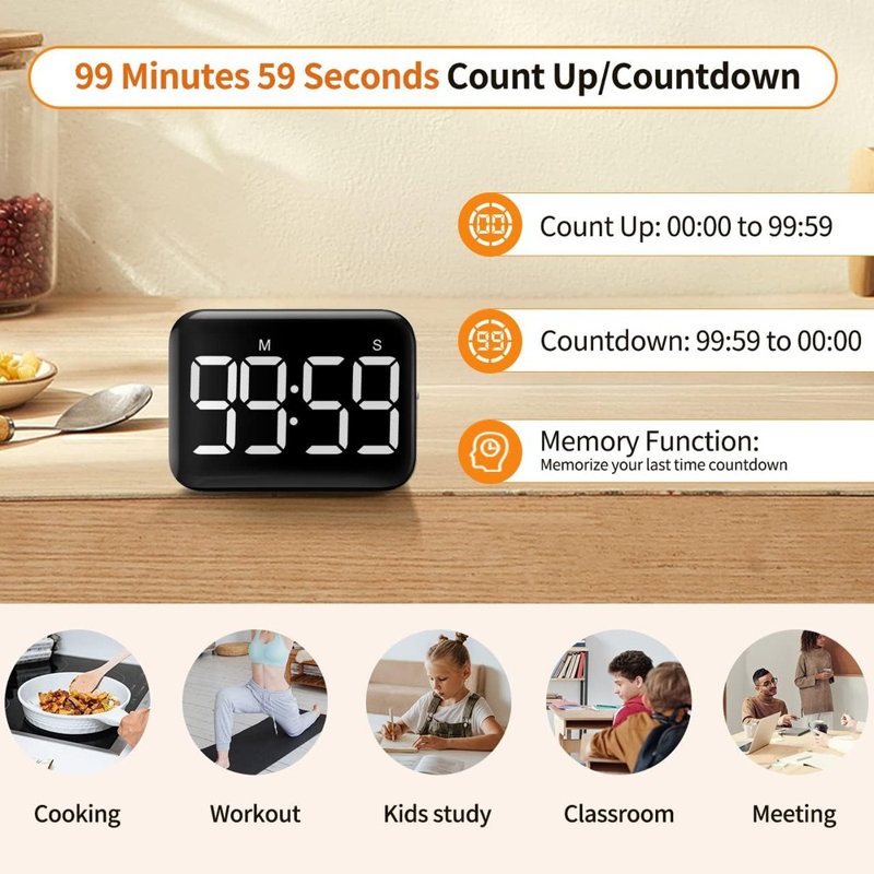 VOCOO Magnetic Kitchen Timer For Cooking With Count Up Countdown, Digital Timer Battery Powered With Large Display, 2 Brightness And Volume Levels For Classroom, Teacher, Kids