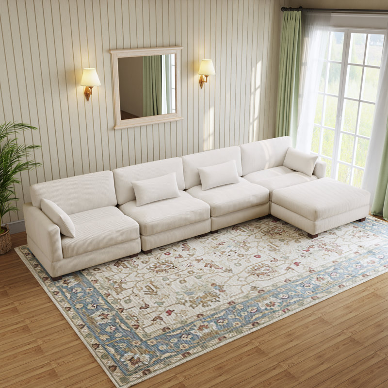 Maelina L-Shaped Corduroy Modular Sectional with Removable Cushion Cover, 30.7"H x 161.4" W x 68.1" D, Beige Corduroy