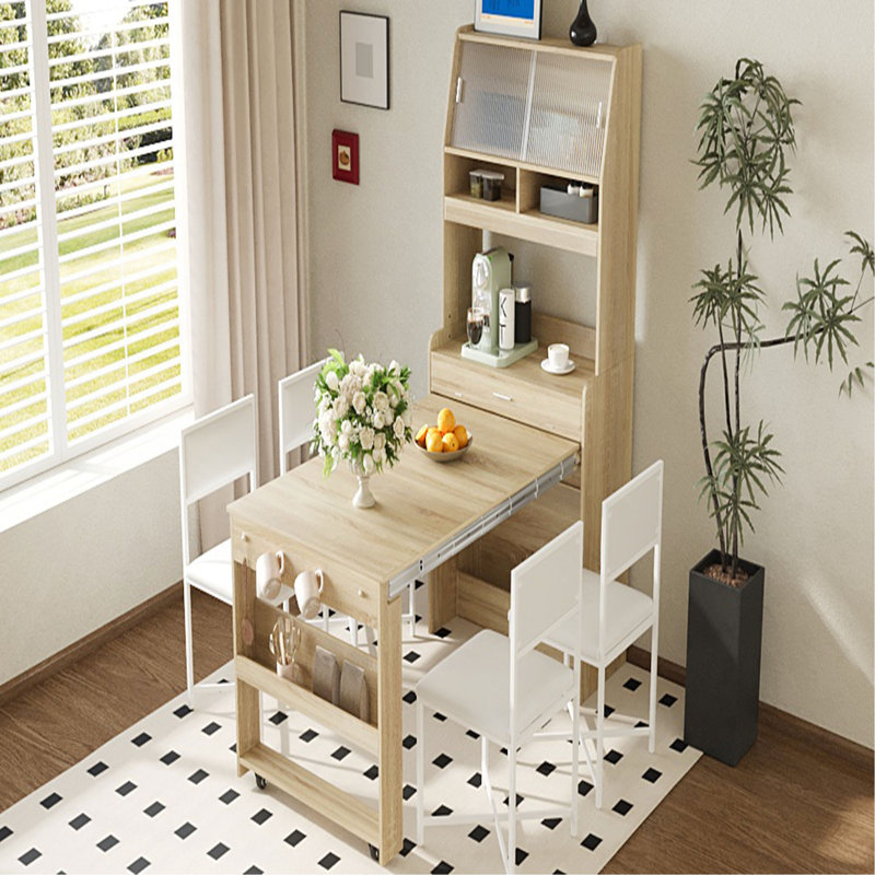 Buffet compact 33,5 x 15,7 x 69 pouces avec huche et table de salle à manger pliable, armoire multifonctionnelle avec tablette de rangement et crochets latéraux pour petits espaces, studio, appartement