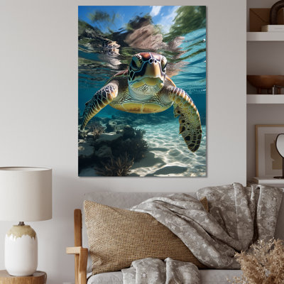 Green Teal Turtle Portrait Stunning - Marine Animals Canvas Wall Art