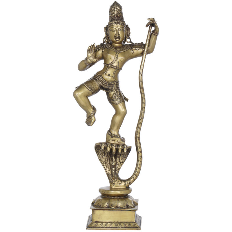 Grande sculpture en laiton Lord Krishna Subduing Kaliya - sculpture indienne faite à la main pour décoration intérieure élégante