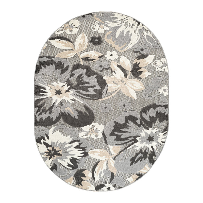 Tapis floral intérieur / extérieur gris, Ovale 5 pi x7 pi