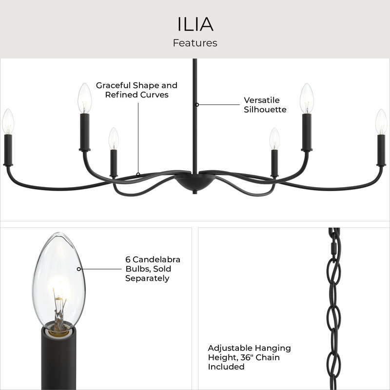 Ilia 6-Light Matte Black Extra Large Chandelier, Matte Black, 18.25" H x 42.25" W x 42.25" D