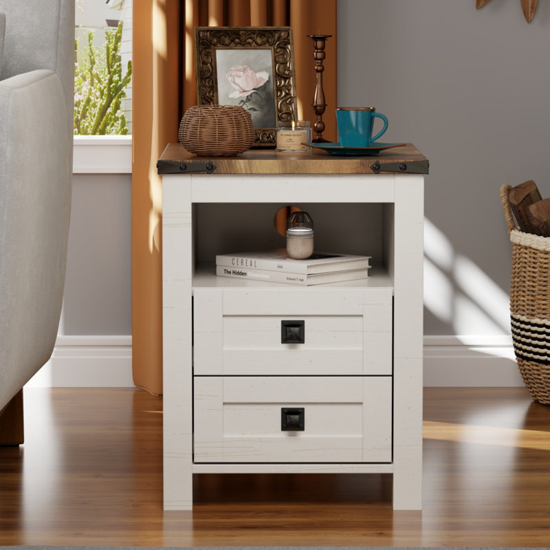 Farmhouse End Table With 2 USB Ports, 2 Power Outlets, Brown/Ivory White