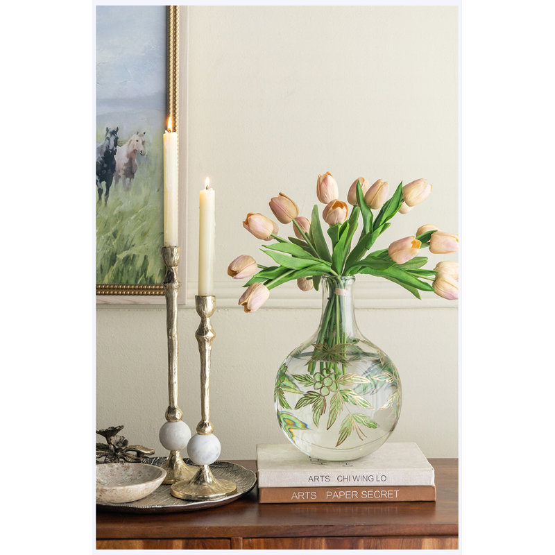 Vase en verre transparent 11 "avec cou élancé H 11", motifs botaniques verts et dorés, vase à fleurs décoratif