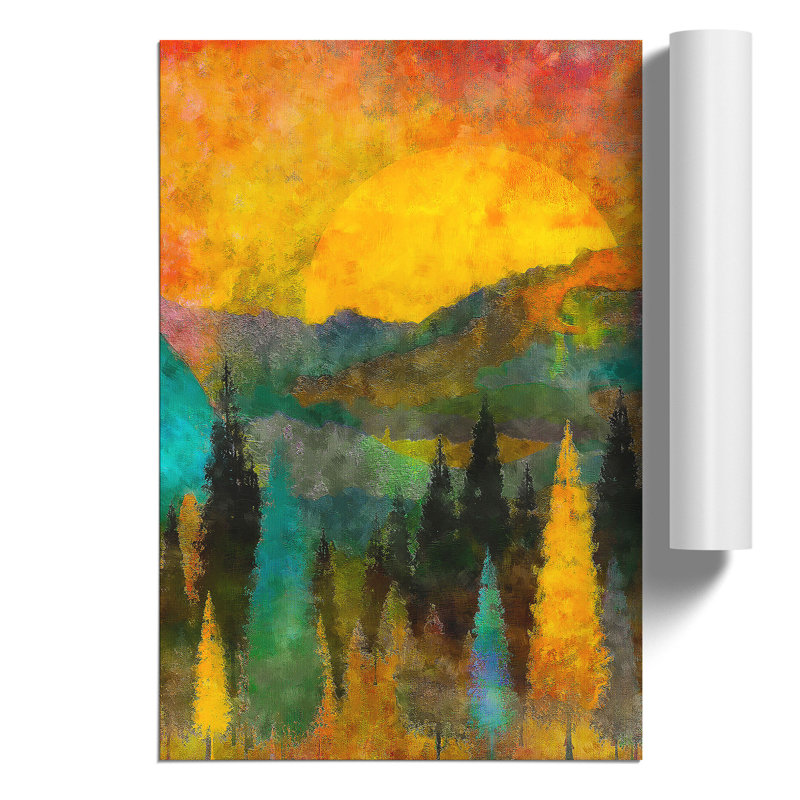 Sun Setting Behind an Autumn Forest Painting - Frameless Print, 30cm H x 21cm W x 0.1cm D
