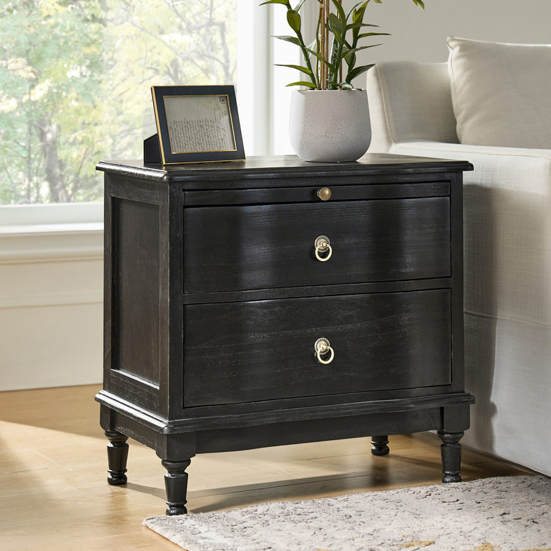 Sessoms Traditional 26''W 2-Drawer Solid Wood End Table with Built-In Outlet and Curved Drawer Fronts, Charcoal