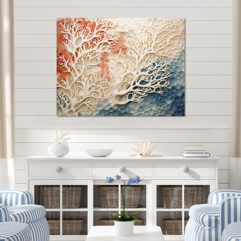 «Rose and White Coastal Coral Collage I» - art mural corail sous l'eau, H 24 po x l 32 po, Toile tendue, Sans cadre