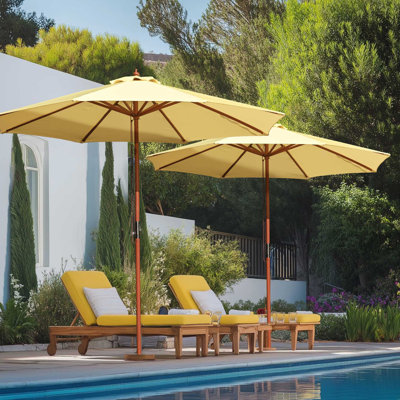 Guilliana Refined Sleak 9FT Wooden Market Umbrella for Boutique Hotel, Vineyard Estate Lounge, Wellness SPA - Classic Forest, Creamy Butter Yellow